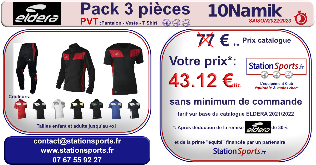 Offre pack petanque 10 NAMIK Eldera veste tee shirt pantalon 2021-2022